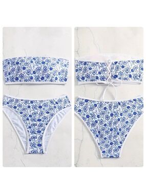 Blue Floral Bandeau High Waisted Bikini Set